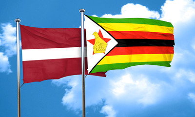 Latvia flag with Zimbabwe flag, 3D rendering