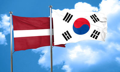 Latvia flag with South Korea flag, 3D rendering