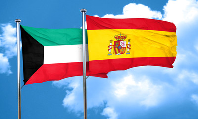 Kuwait flag with Spain flag, 3D rendering