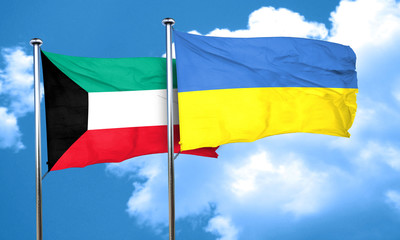 Kuwait flag with Ukraine flag, 3D rendering