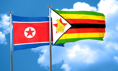 North Korea flag with Zimbabwe flag, 3D rendering