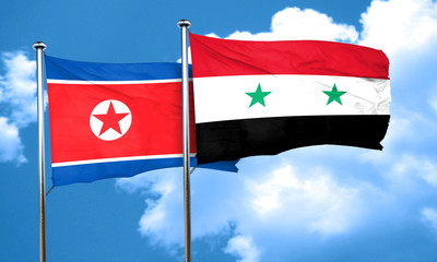 North Korea flag with Syria flag, 3D rendering