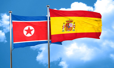 North Korea flag with Spain flag, 3D rendering