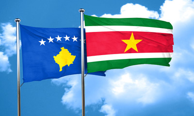 Kosovo flag with Suriname flag, 3D rendering