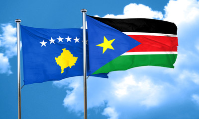 Kosovo flag with South Sudan flag, 3D rendering