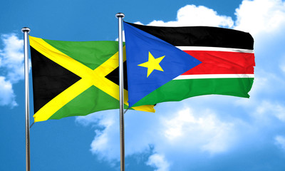 Jamaica flag with South Sudan flag, 3D rendering