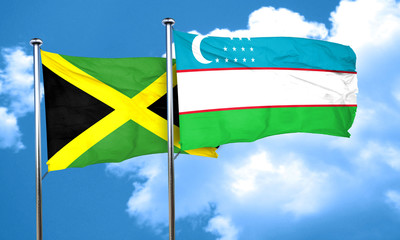 Jamaica flag with Uzbekistan flag, 3D rendering