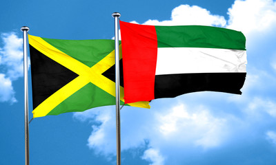 Jamaica flag with UAE flag, 3D rendering
