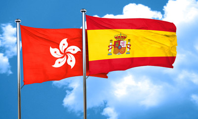 hong kong flag with Spain flag, 3D rendering