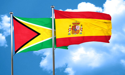 Guyana flag with Spain flag, 3D rendering