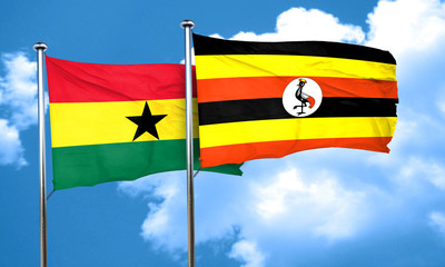 Ghana flag with Uganda flag, 3D rendering