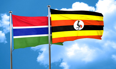 Gambia flag with Uganda flag, 3D rendering