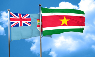 Fiji flag with Suriname flag, 3D rendering