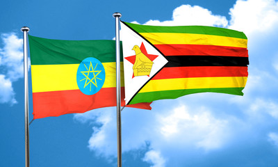 Ethiopia flag with Zimbabwe flag, 3D rendering