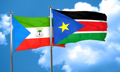 Equatorial guinea flag with South Sudan flag, 3D rendering