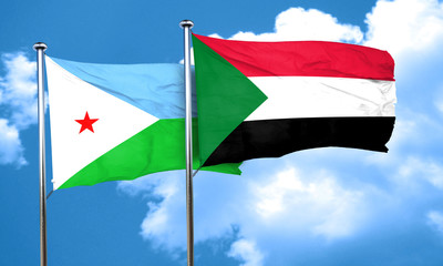 Djibouti flag with Sudan flag, 3D rendering