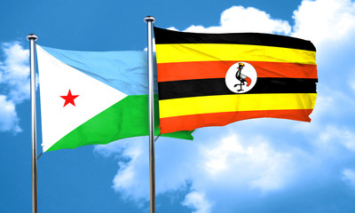 Djibouti flag with Uganda flag, 3D rendering