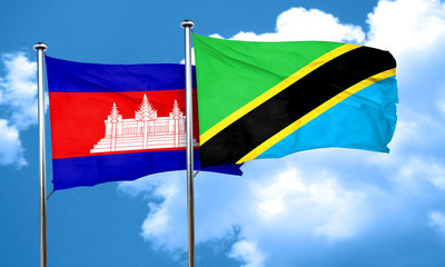 Cambodia flag with Tanzania flag, 3D rendering