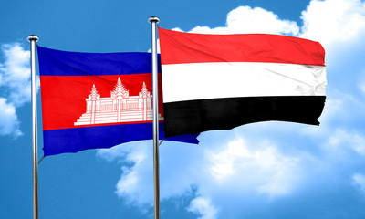 Cambodia flag with Yemen flag, 3D rendering