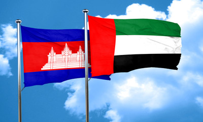 Cambodia flag with UAE flag, 3D rendering
