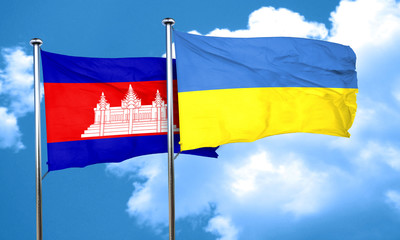 Cambodia flag with Ukraine flag, 3D rendering