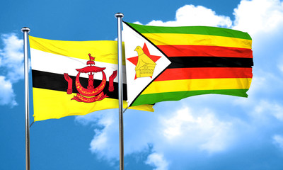 Brunei flag with Zimbabwe flag, 3D rendering