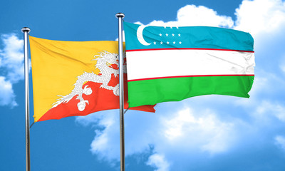 Bhutan flag with Uzbekistan flag, 3D rendering