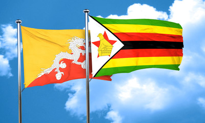 Bhutan flag with Zimbabwe flag, 3D rendering