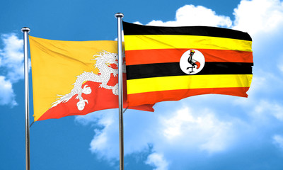 Bhutan flag with Uganda flag, 3D rendering