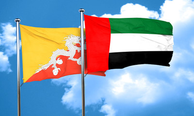 Bhutan flag with UAE flag, 3D rendering