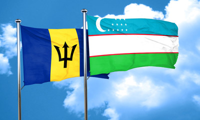 Barbados flag with Uzbekistan flag, 3D rendering