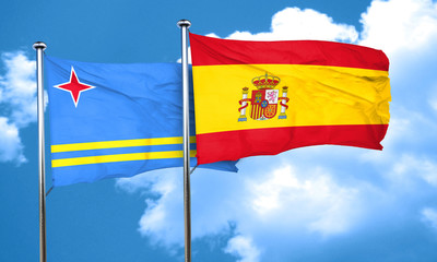 Fototapeta na wymiar aruba flag with Spain flag, 3D rendering