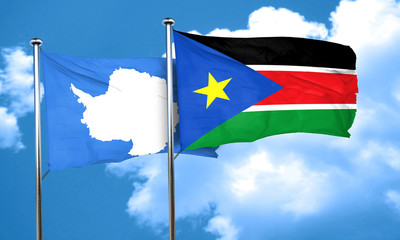 antarctica flag with South Sudan flag, 3D rendering
