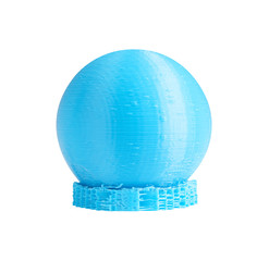 Sphere produced by 3d printing demonstrating layers and technical support. Blue globe printed model from thermoplastic printer filament. Isolated on white. Concept new technology of 3d printing.