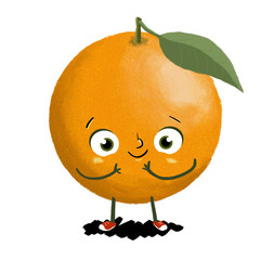 Dibujo de un naranja. Naranja con ojos, brazos y piernas. Fruta fresca vitaminas
