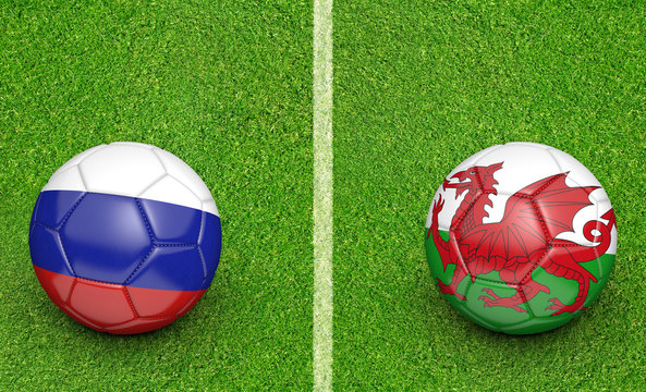 Team balls for Russia vs Wales football tournament match, 3D rendering
