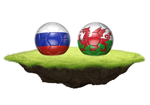 Russia and Wales team balls for football championship tournament, 3D rendering