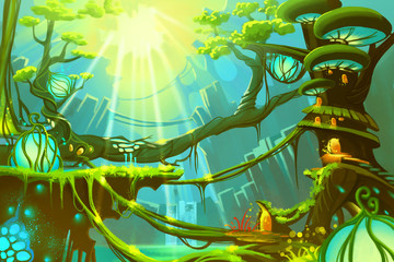 Watercolor Style Video Game Digital CG Artwork Concept Art Illustration: The Fantasy Wild Forest with Sunlight. Realistic Fantastic Cartoon Style Character, Background, Wallpaper, Story, Card Design © info@nextmars.com