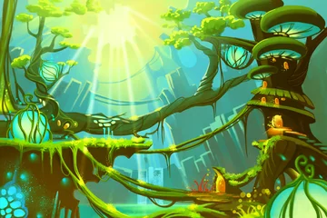  Watercolor Style Video Game Digital CG Artwork Concept Art Illustration: The Fantasy Wild Forest with Sunlight. Realistic Fantastic Cartoon Style Character, Background, Wallpaper, Story, Card Design © info@nextmars.com