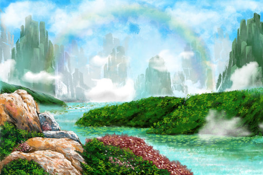 Watercolor Style Digital Artwork: The Entrance of Mystery Rock Mountains Holy Place, Rainbow Clouds, River Bend. Realistic Fantastic Cartoon Style Character, Background, Wallpaper, Story, Card Design