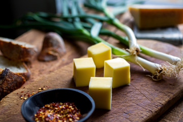 Cubes of butter on chopping board