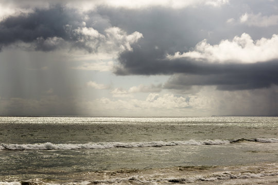 Pacific ocean during a storm. Beach landscape in the U.S. in bad weather. The ocean and waves during strong winds in United States, Santa Monica. © nadezhdaabramian