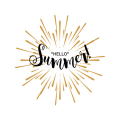 Hello Summer. Beautiful greeting card poster calligraphy black text word gold fireworks. Hand drawn design elements. Handwritten modern brush lettering white background isolated vector