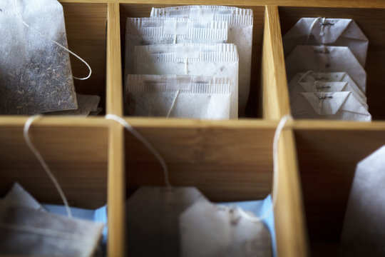 Close up of teabags in box