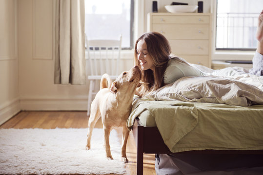 Young woman playing with dog in bedroom
