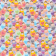 Seamless pattern pink, purple, orange, blue Russian dolls matryoshka background. Vector