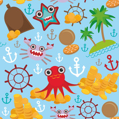 Marine seamless pirate pattern on light blue background. Vector