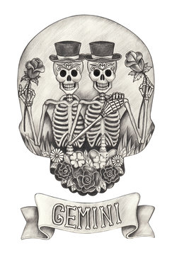 Zodiac Skull Gemini.Hand pencil drawing on paper.
