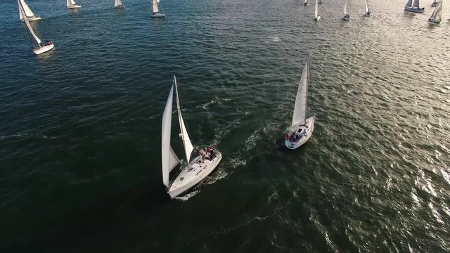 Yachts on water aerial view from above