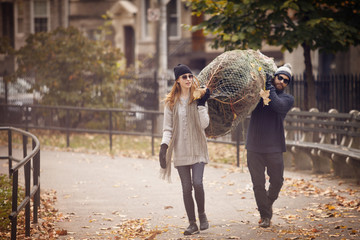Young couple carrying christmas tree